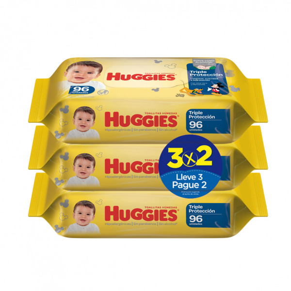 Imagen de HUGGIES TOALLITAS HUMEDAS TRIPLE PROTECCION PACK PROMO 3*96 [288 uni.]
