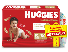 Imagen de HUGGIES NATURAL CARE MEGA XG+TOALLITAS HUMEDAS PACK XG [52+48uni]