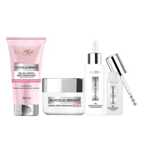 Imagen de PACK LOREAL GLYCOLIC BRIGHT SERUM + CREMA DIA + LIMPIADOR + CONTORNO OJOS 30+50+150+20 ml