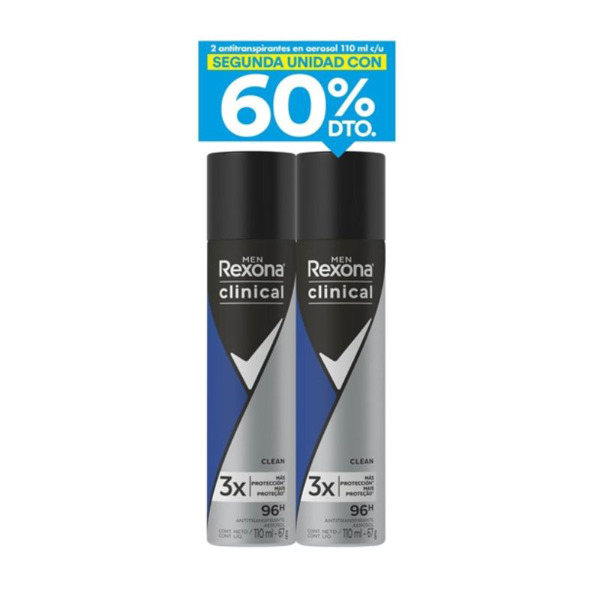 Imagen de REXONA AERO ANTITR. CLINICAL CLEAN PACK MASCULINO 60% DTO. 150+150 ml