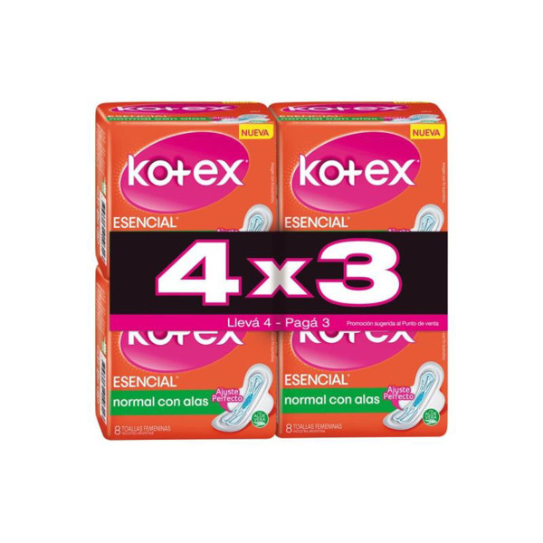 Imagen de KOTEX TOALLAS NORMAL ESENCIAL ALAS PACK 4X3 [32 uni.]